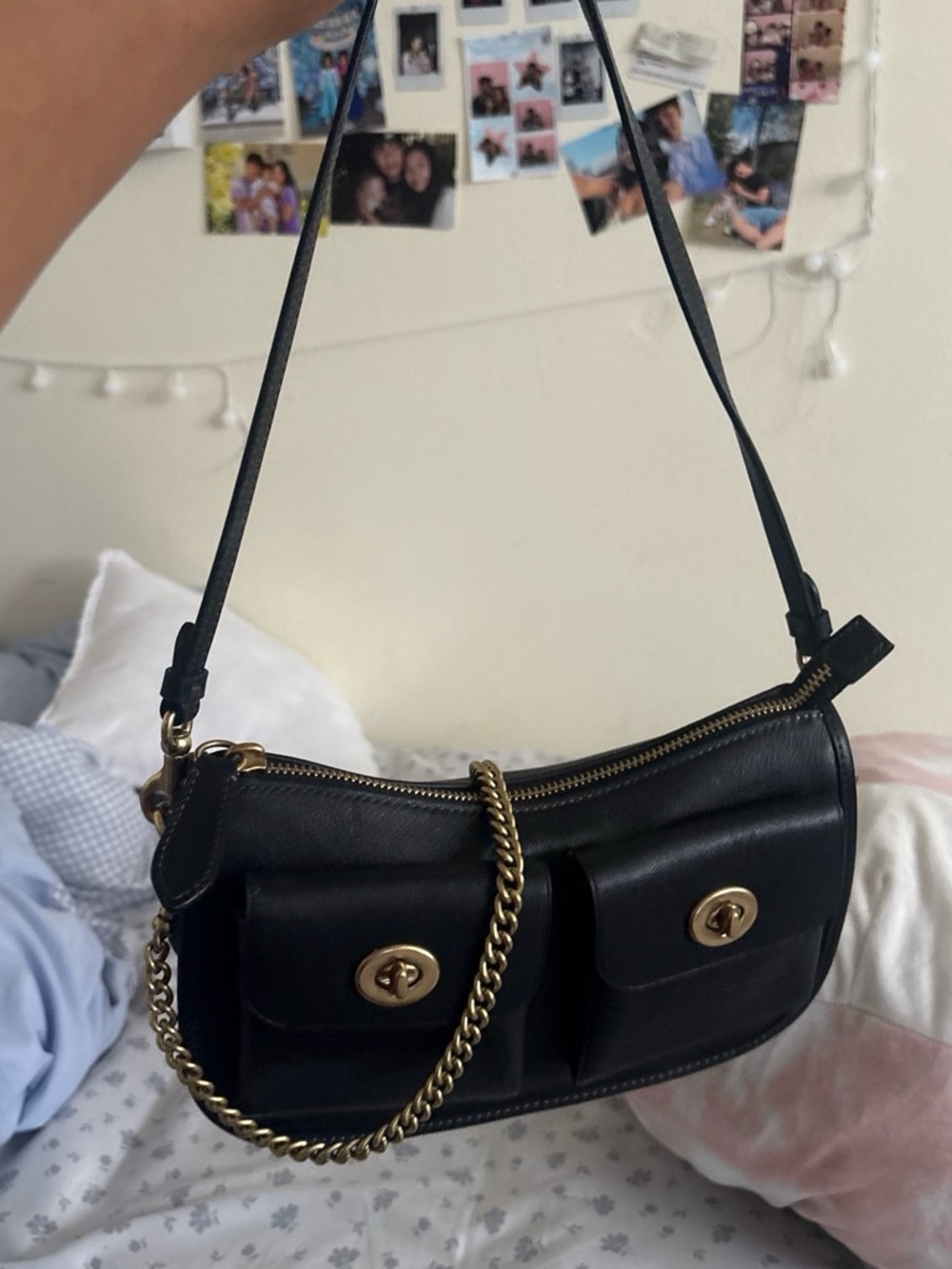 Coach Black Leather Shoulder Bag with Gold Hardware